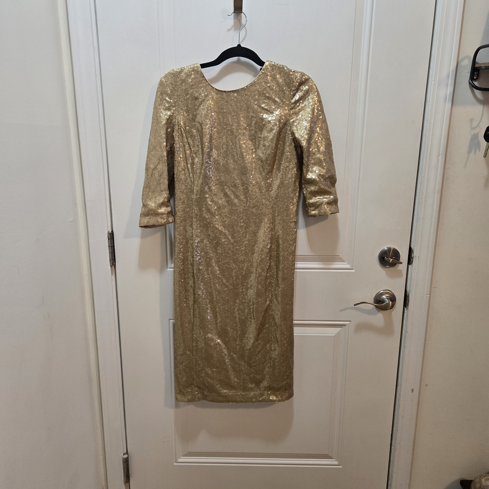 New York & Company Gold Sequin Long Sleeve Dress